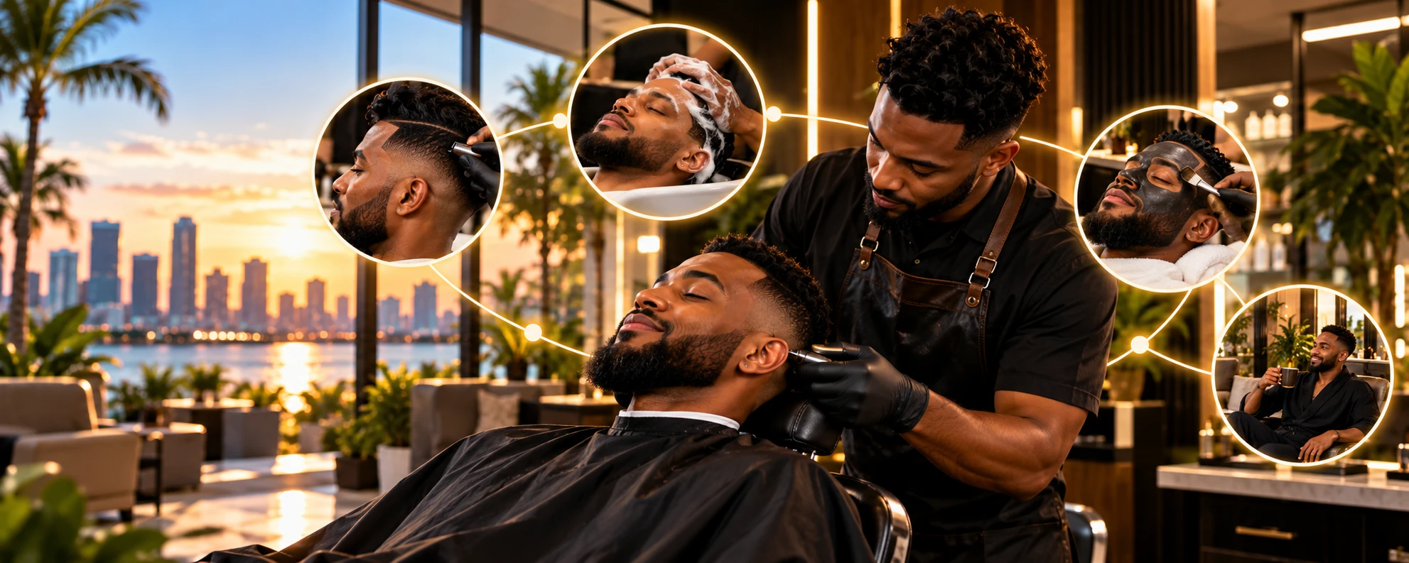 A barber working through a cut, shave and finish