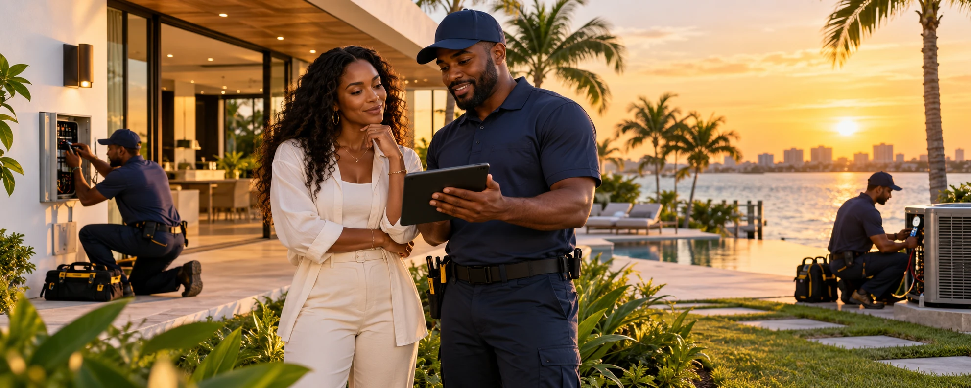 A homeowner reviewing work with a technician